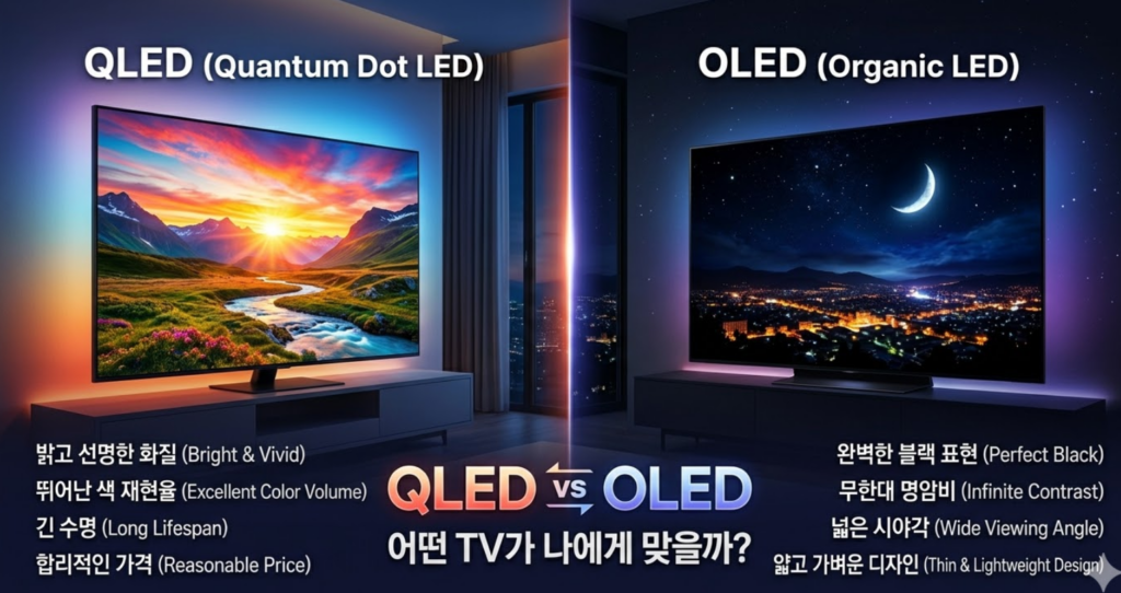 QLED vs OLED 비교 - 나노바나나2 사용 ai 생성