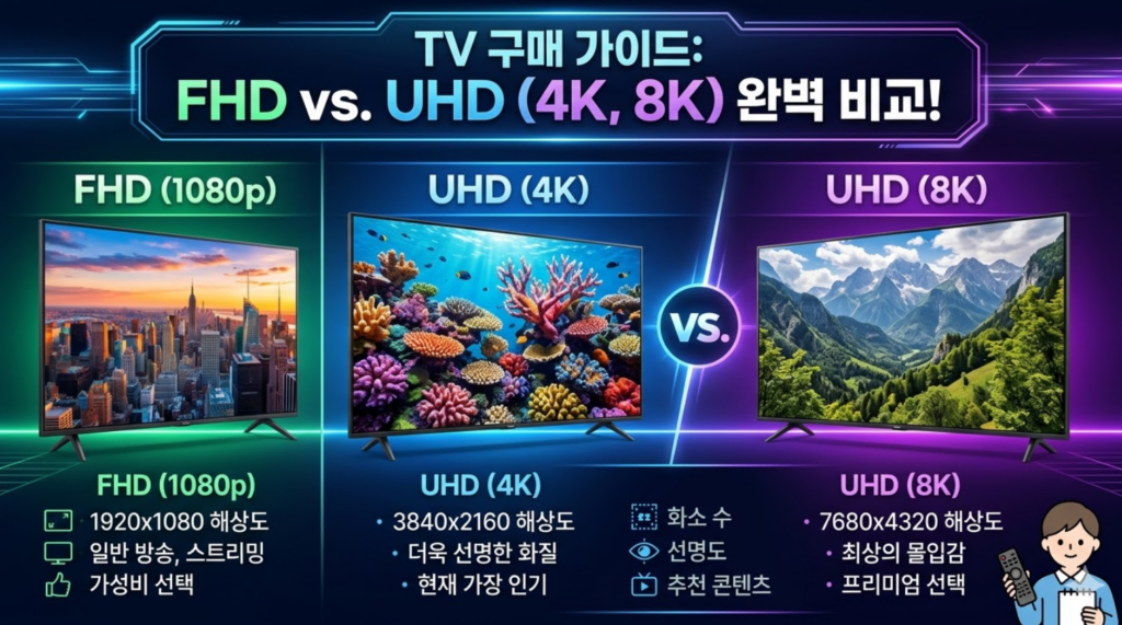 이미지 : TV 구매 가이드-FHD UHD 완벽 비교 (출처: 나노바나나 ai 생성)